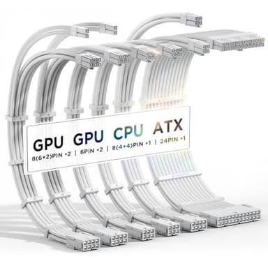 AsiaHorse 16AWG PSU Cable Extension Power Cords, Customized Power Supply Mod Sleeve Extension Cable, ATX/EPS/8-pin PCI-E/6-pin PCI-E for PSU Cable (Pure White)