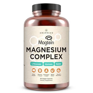 AMANDEAN Magtein Magnesium Complex. L-Threonate, Glycinate, Malate Triple Blend Chelated Magnesium Supplement. 90 Veggie Capsules. High Absorption Branded Ingredients. Brain Health, Sleep, Calm*.