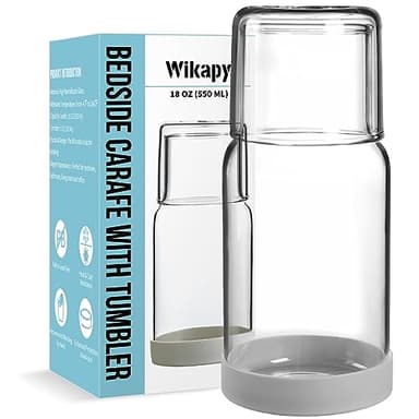 Wikapy Bedside Water Carafe and Glass Set With Silicone Coaster for Nightstand, Bedroom, 18 OZ Clear Mouthwash Dispenser for Bathroom