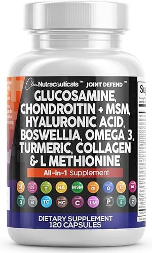Clean Nutraceuticals Glucosamine 1500mg Chondroitin 1200mg MSM with Turmeric Curcumin, Collagen, Hyaluronic Acid, Omega 3 – Joint Health Supplement for Men & Women – Joint Complex – 120 Count