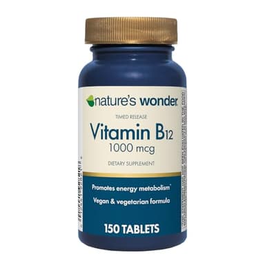 Nature's Wonder Vitamin B12 1000 mcg Timed Release Tablets for Energy Metabolism, Supports Brain Health and Nervous System Health, 150 Day Supply, 150 Tablets