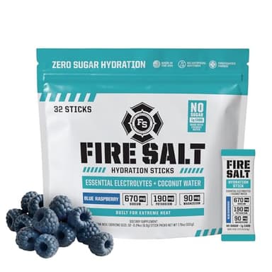 Fire Science Fire Salt Hydration Sticks, Electrolytes & Coconut Water, Hydration Drink Mix with Magnesium, Potassium & Sodium, Zero Sugar, Single Serve On the Go Packs, Blue Raspberry Flavor, 32 Count