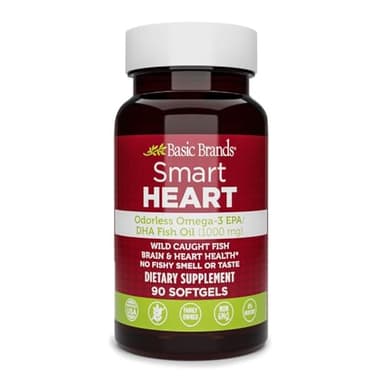 Basic Brands Smart Heart Odorless Omega-3 Fish Oil, Burp-Less, No Fishy Smell, 1000 mg, 90 Count