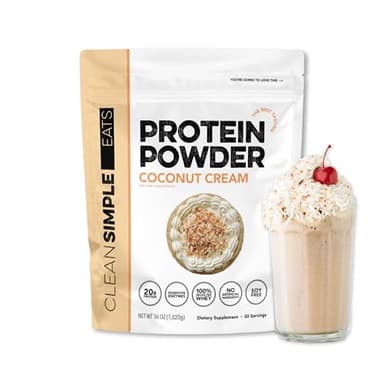 Clean Simple Eats Whey Protein Powder, Coconut Cream Flavor Naturally Sweetened, 100% Grass Fed Protein Powder with Digestive Enzymes & No Artificial Ingredients, Gluten Free, 30 Servings