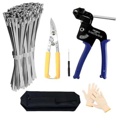 Heavy Steel Cable Tie Tool：Stainless Steel Zip Tie Gun, Metal Tie Wrap Gun Kit, Duty Outdoor Adjustable Fastening Cutting Tie Tool Sets with 100pcs Self-Locking Metal Steel Zip Ties CHUSHUYI
