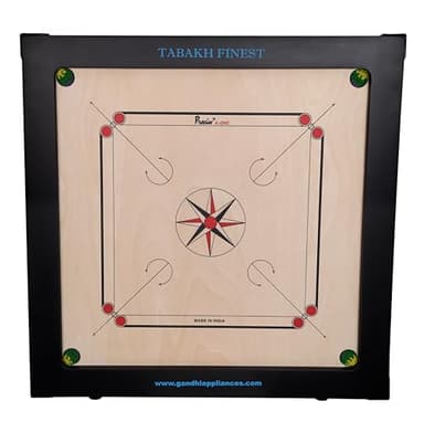 T TABAKH Precise Finest 12mm Carrom Board with Coins, Striker, and Powder, Black, 4 Players, Ages 13 and Up