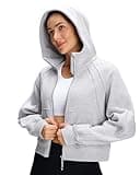 QUEENIEKE Cropped Zip Up Hoodies For Women, Fleece Full Zip Sweatshirts For Women Loose Fit Hoodies With Thumb Hole Black L