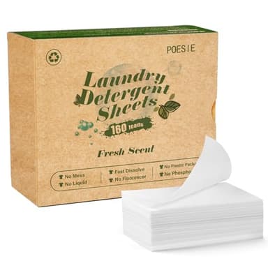 Poesie Laundry Detergent Sheets Fresh Scent 160 Count Clear Non-Plastic Hypoallergenic Liquid Less Sheets for Home Dorm Travel Camping & Hand Washing Clean No Waste