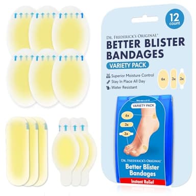 Dr. Frederick's Original Better Blister Bandages - 12ct - Water Resistant - 40% More Cushioning - Hydrocolloid Bandages for Foot, Toe, & Heel - Blister Pads for Prevention & Recovery - Variety Pack