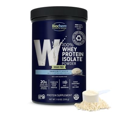 Biochem 100% Whey Sugar-Free Vanilla 20g, 11.8oz, Certified Vegetarian, Certified Gluten Free, Certified Non-GMO Tested, Keto Friendly, Grass-Fed