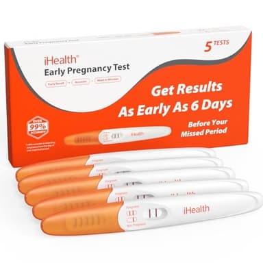 iHealth Pregnancy Test 5-Pack, Detect Early Pregnancy 6 Days Before Missed Period with 99% High Sensitivity. Easy at-Home Fertility HCG Test with Pink Dye, Individually Wrapped, Pruebas de Embarazo