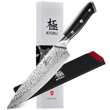KYOKU Chef Knife - 8"- Shogun Series Japanese Style VG10 Steel Core Hammered Damascus Blade Kitchen Knife - with Sheath & Case