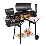 Outvita Charcoal Grill and Offset Smoker, Outdoor Patio Barbecue Cooker with Wheels, Portable Backyard BBQ Oven with Side Fire Box for Camping, Picnic, Party