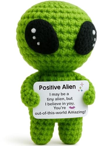 Funny Positive Alien Crochet Plush with Uplifting Message Card for Valentines Day & Easter Eggs Fillers - Easter Basket Stuffers - Small Encouragement Gift for Her Him Teens Birthday Graduation