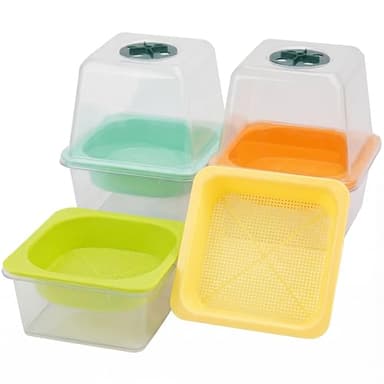 Microgreen Growing Trays, 5" x 5" Sprouting Tray with Humidity Dome, 1.2 mm Small Mesh Holes, BPA Free, Sprouter Kit for Growing Mirco Seeds, Like Broccoli, Alfalfa, Radish, Clover - 4 Pack | Clear