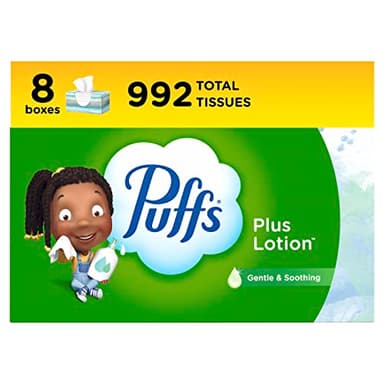 Puffs Plus Lotion Facial Tissues, 8 Family Boxes, 124 Facial Tissues per Box, Allergies and Colds