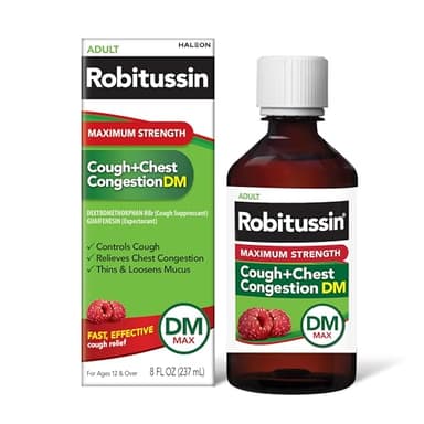 Robitussin Adult Maximum Strength Cough + Chest Congestion DM Max (8 fl. oz. Bottle), Cough Suppressant & Expectorant, Raspberry Flavor