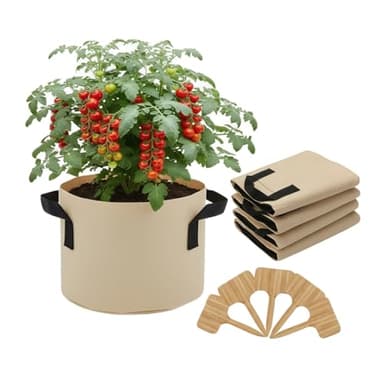 Haphomia 5-Pack Grow Bags 5 Gallon, 300G Thickened Fabric Pots with 5 Bamboo Plant Labels, Aeration Planting Bags with Reinforced Handles for Tomato, Vegetables and Flowers, Tan