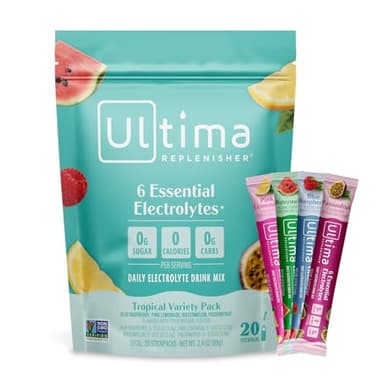 Ultima Replenisher Daily Electrolyte Powder – Tropical Variety Pack, 20 Stickpacks – Zero Sugar Hydration Packets with 6 Electrolytes and Minerals – Sugar Free, Plant Based & Keto Friendly​ Drink Mix
