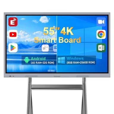 55'' Smart Board, 8+256 GB Interactive Whiteboard, 4K Electronic Digital Whiteboard with Dual System, Android 12 iOS, Touchscreen Smart Board for Classroom, Office and Home (Wall Mount Included)