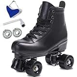 SCNUT Skates Women's Men's High Top Black PU Leather Classic Double Row Adjustable Outdoor Indoor Quad Skates and Roller Derby (Black Wheel, 46-Women's 12 / Men's 11)