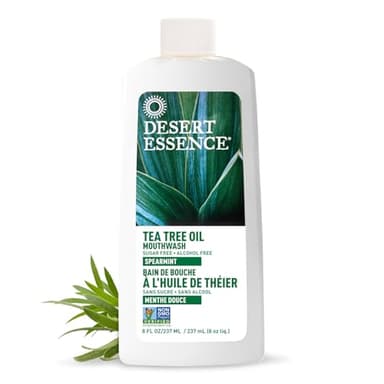 Desert Essence Alcohol-Free Mouthwash with Tea Tree Oil and Aloe, Sugar-Free, Oral Rinse to Provide Botanical Care for Teeth & Gums, Vegan, Non-GMO, SLS-Free, Gluten-Free, Spearmint Flavor, 8oz