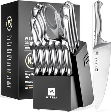 WIZEKA Kitchen Knife Set with Block: Razor Sharp 15 Pcs Professional Chef Knife Set with Knife Sharpener, Food Grade German Stainless Steel Knife Block Set, Jaguar Series