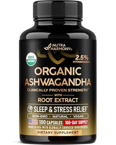 Ashwagandha Supplements 1800mg - USDA Organic Ashwagandha for Women & Men - Clinically Effective Strength for Stress Relief & Sleep - Powder & Root Extract 2.5% Withanolides - Made in USA 100 Capsules