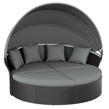 Crownland Round Outdoor Daybed with Retractable Canopy,Patio Daybed with Washable Cushions, Clamshell Sectional Seating, Black Wicker Furniture for Garden, Patio, Pool (Dark Grey)