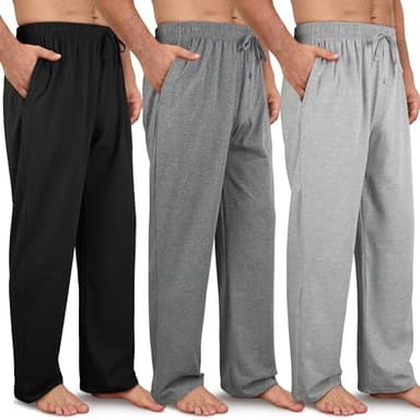 Wenouy 3 Pack Men's Cotton Pajama Pants Soft Pjs Lounge Bottoms with Pockets & Elastic Waist Sleepwear for Men Large, Black, Light Gray, Gray, Navy Blue