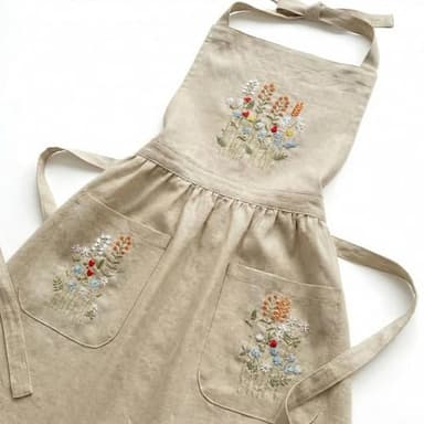 Linen Apron with Hand Embroidered Floral Design, Natural Fabric Apron for Kitchen, Linen Apron with Pockets, Cooking, Baking, Gardening, Florist, Elegant Gift for Women, Chefs, Artists