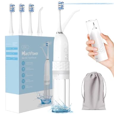 Marchpower Innovative 2-in-1 Electric Toothbrush with Water Flosser – Ultrasonic Cleaning, Compact Travel Design, 3+3 Modes, IPX7 Waterproof, USB-C Rechargeable, with 3 Dupont Brush Heads & 1 Jet Tip