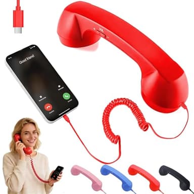 Retro Handset for Mobile Phones – Classic Wired Phone Handset with Type-C Connector, Vintage Landline for iPhone, Android, Smartphone, Call Receiver, Comfortable Grip, Stylish Phone Accessory (Red)