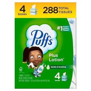 Puffs Plus Lotion Facial Tissue, 4 Mega Cube Boxes, 72 Tissues per Box, Allergies and Colds