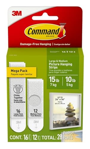 Command 15 lb & 10 lb Large and Medium 28 Pairs Picture Hanging Strips (56 Strips), Damage-Free Hangers for Picture Frames, No Tools Required, Great for Home Room Wall Decor, White Adhesive