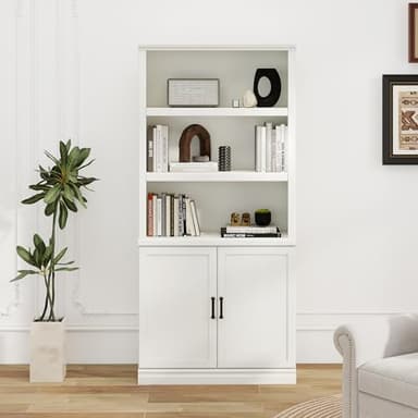 blini 5 Shelf Tall Bookcase with Doors White Bookshelf 31in Wide Display Standing Storage Shelf 72in Tall Wood Book Shelves for Bedroom Living Room Office Library