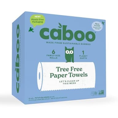Caboo Tree Free Paper Towels, 6 Rolls, Plastic Free & Eco Friendly, Earth Friendly, Sustainable Kitchen Paper Towels with Strong 2 Ply Sheets