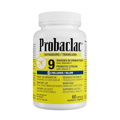 Probaclac Natural Travelers Probiotics, Reducing Risk of Diarrhea, Contains Vitamin C, Immune Support, Gluten Free, Travel Size, Vacation, Cruise and Airplane Travel Essentials, Vegan, 60 Capsules