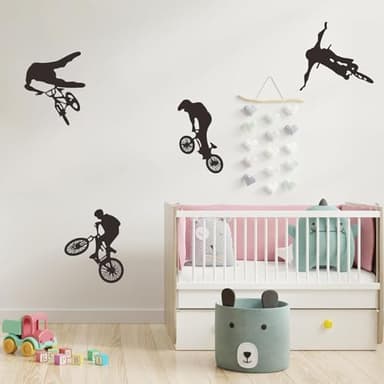 4 Pcs Black BMX Cyclist Jump Bicycle Extreme Sports Bike Rider Wall Decor Stickers, Wall Vinyl Decal Home Decor Art Sticker for Man Kids Boys Room Bedroom Home Decor