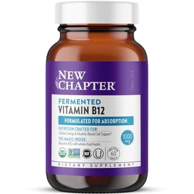 New Chapter Fermented Vitamin B12 1,000 mcg, USDA Organic, ONE Daily for Cellular Energy + Healthy Blood Cells, Certified Vegan, Gluten Free - 60 Count