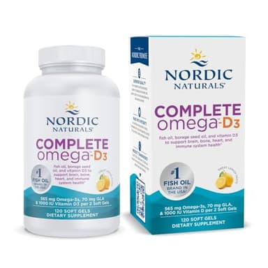 Nordic Naturals Complete Omega-D3, Lemon Flavor - 120 Soft Gels - 565 mg Omega-3 + 70 mg GLA + 1000 IU Vitamin D3 - EPA & DHA - Healthy Skin, Cognition, Positive Mood - Non-GMO - 60 Servings