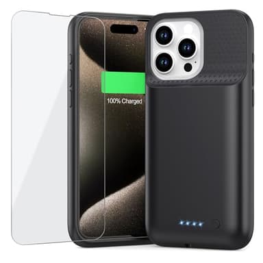 QTshine Battery Case for iPhone 15 Pro Max, [2025 Upgraded] 8600mAh Battery Charging Case, Anti-Fall Protection Rechargeable Extended Charger Cover for iPhone 15 Pro Max (6.7inch) Black