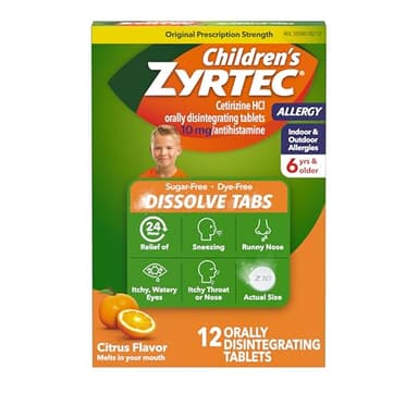 Zyrtec Children's 24 Hour Dissolving Allergy Relief Tablets with 10 mg Cetirizine Hydrochloride Antihista-Mine, Dissolvable Allergy Medicine for Kids Ages 6 Years+, Citrus Flavor, 12 ct