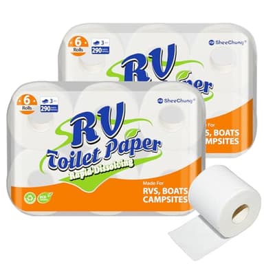 SheeChung RV Toilet Paper - 12 Rolls, Rapid Dissolve, Septic Safe, Travel Toilet Tissue for RVs, Boats, Marine, Camper Accessories- 3 Ply, 290 Sheets