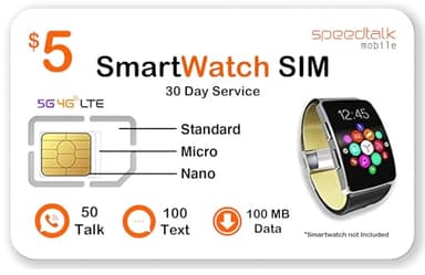 SpeedTalk Mobile $5 Prepaid Smart Watch SIM Card Kit for 5G 4G LTE Smartwatch, Wearables | Triple Cut 3 in 1 Simcard - Standard Micro Nano | No Contract | USA Coverage 30 Days Service