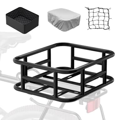 Bike Basket Rear with Cargo Net and Liner Large Bicycle Basket Electric Bicycle Basket Rear Ebike Large Rear Bike Basket Rack with Waterproof Cover Cargo Net