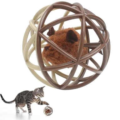 Squeaky Mouse Ball Cat Toy with Simulated Sound, Mouse Inside Cage, Squeky Balls for Cats to Play with Indoor, Squeak Interactive Plastic Funny Toys Best for Chewing Training Playing Chasing (Beige)