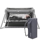 Gromast Travel Crib for Toddler, 2 in 1 Portable Crib for Baby Travel, Lightweight Playpen Foldable Playard with Soft Mattress, Easy to Carry Baby Travel Bed for Outdoor, Indoor (Grey)