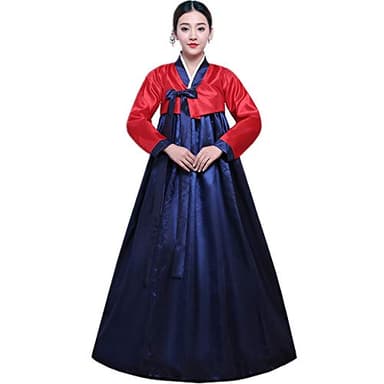 XINFU Women's Korean Traditional Hanbok Sets Long Sleeve Colorful Cosplay Costume Dress, Redcyan, Large