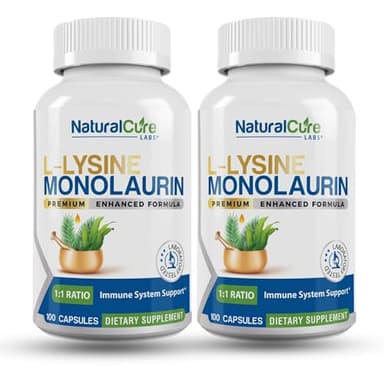 Natural Cure Labs L-Lysine with Monolaurin 600mg 1:1 Ratio, 2 Pack, 200 Capsules
